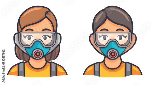 Two people, with different hair color, wear goggles and respirators in a symmetrical cartoon style