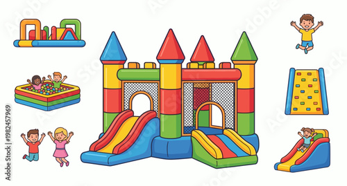 Colorful Bouncy Castle and Bounce House Vector Illustration with Happy Kids Jumping. Fun Inflatable Slide Ball Pit and Climbing Wall Playground Equipment for Birthday Party Fun.