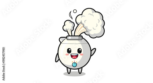 Cute Kawaii Kettle Character Waving with Steam