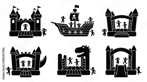 Dinosaur Pirate Ship and Castle Bounce House Vector Silhouettes. Black Inflatable Playground Jumping Area with Happy Kids Playing Silhouette. Fun Children Amusement Park Party.
