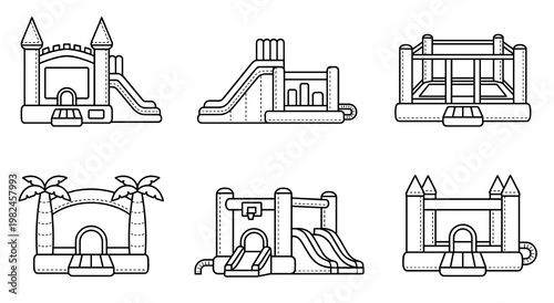 Bounce House Vector Collection with Slide and Castle Designs. Linear Black and White Outline Illustrations of Inflatable Kids Playground Equipment for Fun Amusement Park Party.