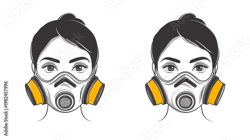 Two illustrations of a woman's face wearing a respirator mask, with a side profile, white backdrop