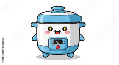 Cute Kawaii Rice Cooker Character with Happy Face, Cartoon Kitchen Appliance
