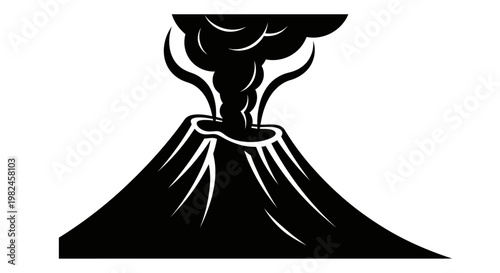 Stylized silhouette of an active volcano erupting with smoke