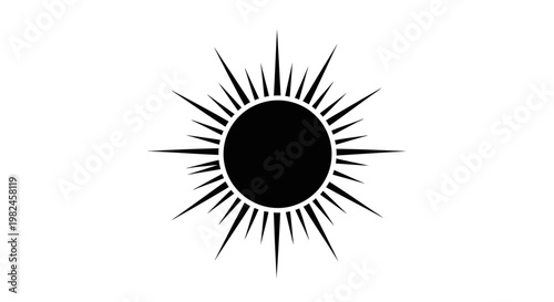 Stylized black sun icon with sharp rays ag.ainst a white background.