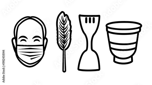 Four black and white icons including a masked face, a feather, a mixer, and a cup