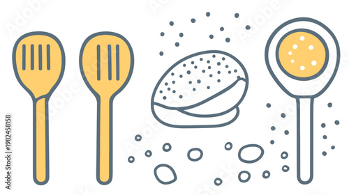 Illustration of cooking utensils and ingredients, a minimal flat design concept