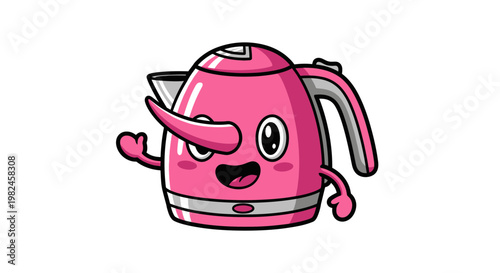 Cute Pink Electric Kettle Character Waving Hello