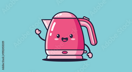 Cute Pink Electric Kettle Waving Hello Cartoon Character