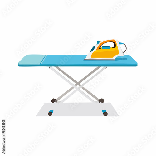 Illustration of yellow iron and blue ironing board on white background