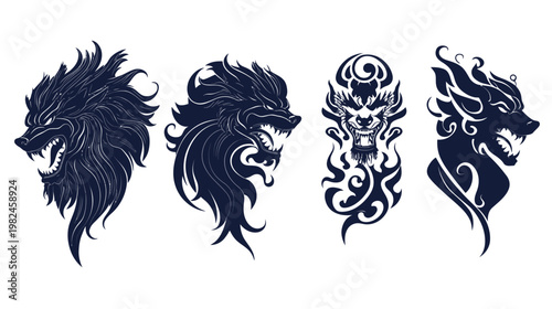 Four stylized, dark-blue, aggressive animal head illustrations with intricate details on white