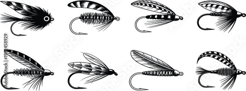 Hand drawn vintage fishing flies set with feathers and hooks for trout and salmon fly fishing