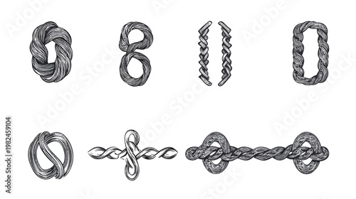 Hand-drawn illustrations of woven rope shapes, including numerical and abstract forms, in grayscale