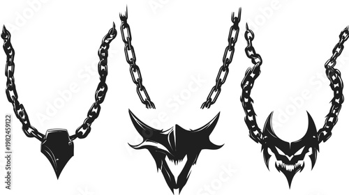 Black graphic illustrations with chains, showcasing a gem, a mask, and a face with jagged teeth