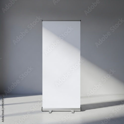 Blank Roll up Banner Mockup with Sunlight Shadows in a Minimalist Room