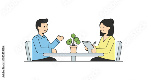 A man and a woman are sitting at a table for a professional interview or consultation, with the woman taking notes on a clipboard.