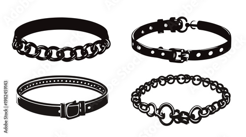 Four black and white illustrations of various necklaces and bracelets on a plain white background