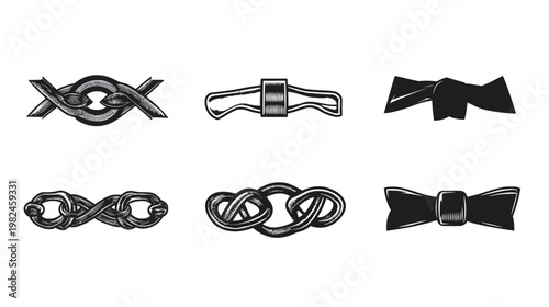 Black and white illustrations of various decorative elements, including chains and bow ties