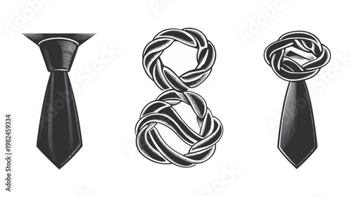 Monochrome illustration of neckties with various knot styles, set against a stark white backdrop
