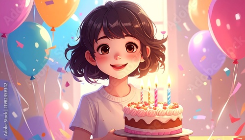 Animated girl celebrates birthday, holding a cake with lit candles. Festive balloons and confetti decorate a brightly lit room
