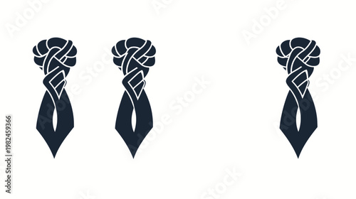 Three stylized, dark blue decorative shapes against a white background. Each has a knotted top and flowing tail