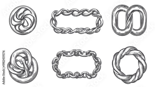 Hand-drawn illustrations of silver metallic chains in diverse geometric configurations and shapes