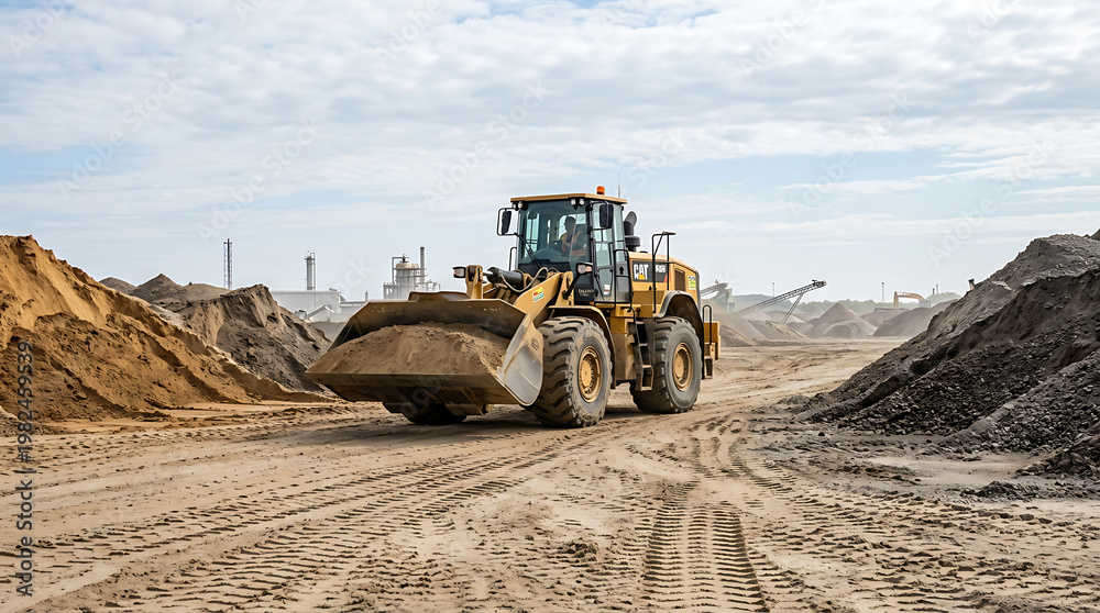 Obraz premium A yellow wheel loader operates on a construction site with sand piles.