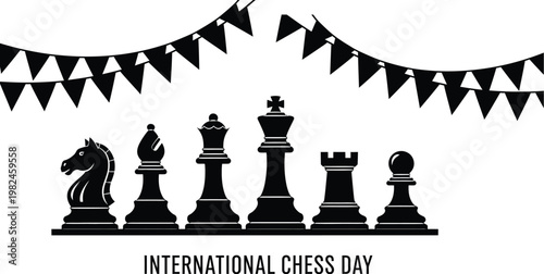 Minimalist black and white vector illustration featuring chess pieces arranged under festive bunting for International Chess Day celebration