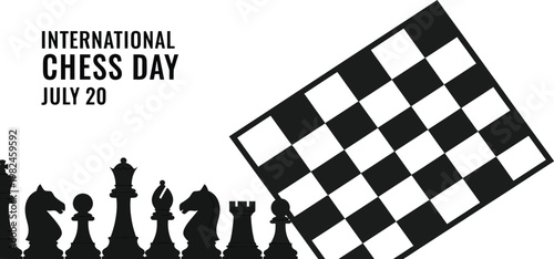 Minimalist Vector Illustration Celebrating International Chess Day Featuring A Tilted Checkered Board And Silhouetted Chess Pieces On White Background