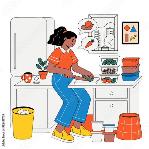 African woman in orange shirt prepares healthy meal prep containers with vegetables in a modern kitchen, colorful storage boxes and plants visible on the counter. Eating healthy woman concept
