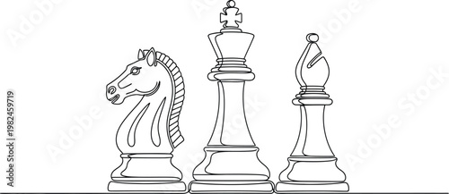 Minimalist continuous line drawing of chess pieces including a knight king and bishop on a white background