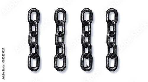 Illustration featuring four hanging chains, a metallic design with a detailed texture and stark contrast against white