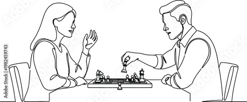 Continuous line drawing of a man and woman playing a competitive game of chess at a table