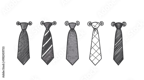Hand-drawn collection of five neckties with different patterns and textures in shades of gray