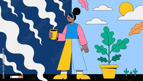 Illustration of a woman standing between cigarette smoke and fresh, clean and healthy airs, holding a cup, with a contrasting background of dark and light colors, showcasing smoking quit concept