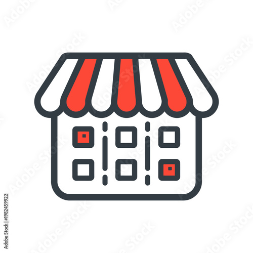 A simple shop icon in red and grey colors. Perfect for use in apps, websites, or business illustrations.