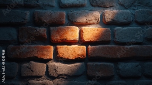 Textured brick wall with dramatic lighting highlighting individual bricks, creating depth and interest in a rustic environment