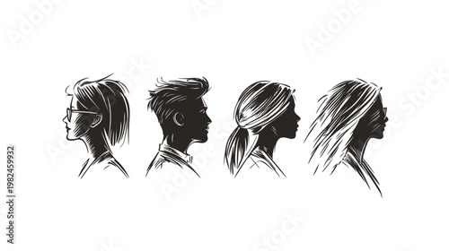 Four stylized black-and-white profile portraits. Each features different hair and style on a white background