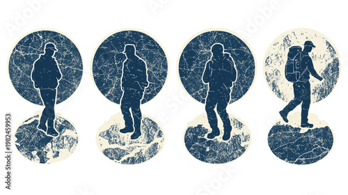 Silhouettes of people, in various poses. Each is within a circle, with a distressed, textured background