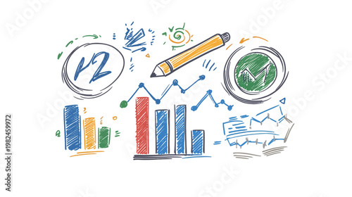 Colorful hand-drawn graphic with charts, graphs, clock, number "12," and a pencil