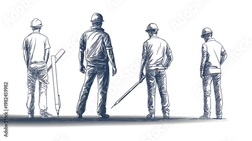 Black and white illustration of four figures, rear view, in construction attire, on white background
