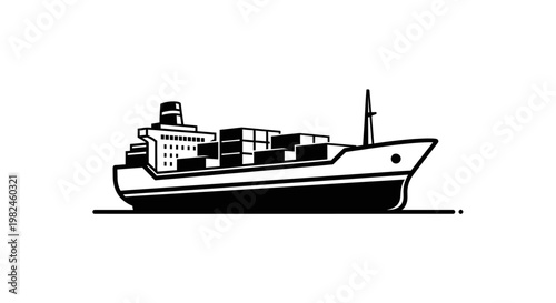 Black and white minimalist illustration of a cont.ainer cargo ship on a white background.