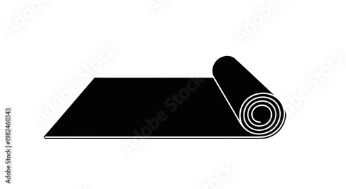 Black yoga mat icon partially unrolled on white background
