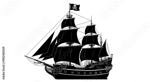 Black silhouette of a vintage pirate ship with a Jolly Roger flag on white background