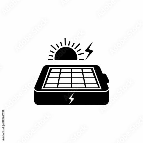 A graphic illustration of a solar panel generating energy, with sun, and lightning bolt symbols