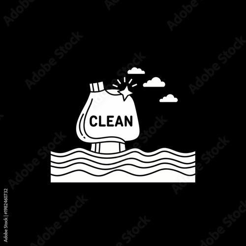 Illustration of a clean bag with text Clean floating on waves. A concept of cleaning ocean