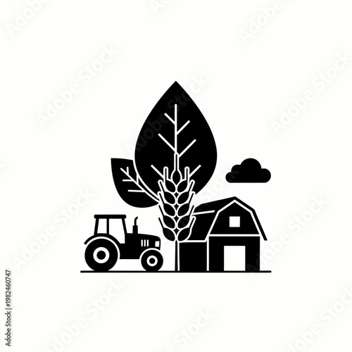 A detailed silhouette of farm life, featuring a tractor, barn, and wheat plant. The artwork captures the essence of rural agriculture
