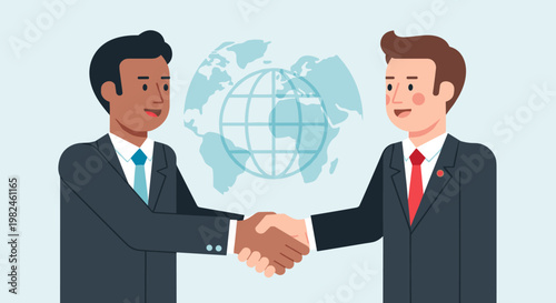 Two diverse businessmen in formal suits shaking hands with a stylized globe and world map behind them, symbolizing global partnership, international agreement, and successful