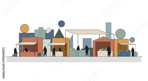 Minimalist geometric market stalls with silhouetted figures and a muted color palette, showcasing clean lines, scalable shapes, and a balanced composition for commercial use.