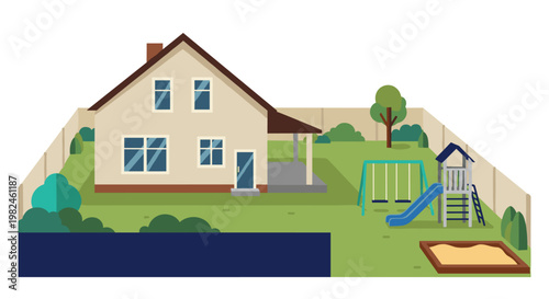 Suburban residence featuring a beige house with dark brown roof and blue windows, connected to a covered porch, surrounded by a tan fence enclosing a lush green lawn, mature